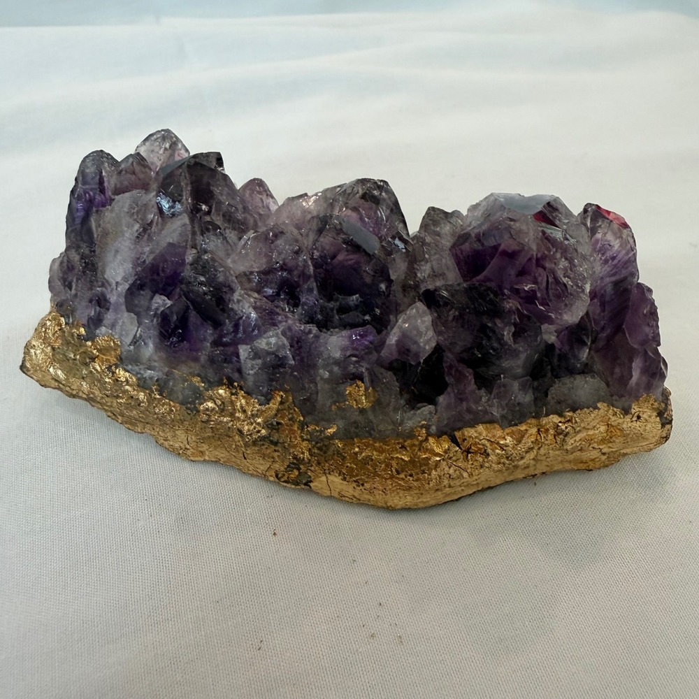 Natural Amethyst Crystal Cluster Gold Trimmed Raw Geode Home Decor Purple Stone